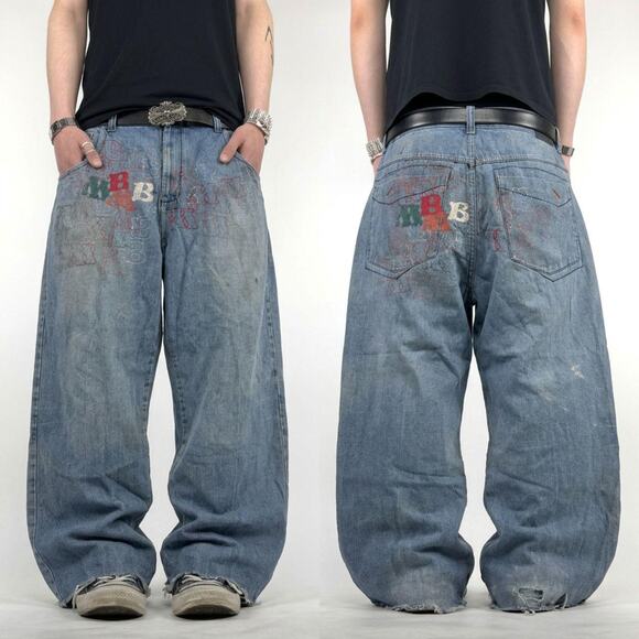 Other Other - Vintage y2k rare embroidered stonewash grunge baggy wide leg jeans